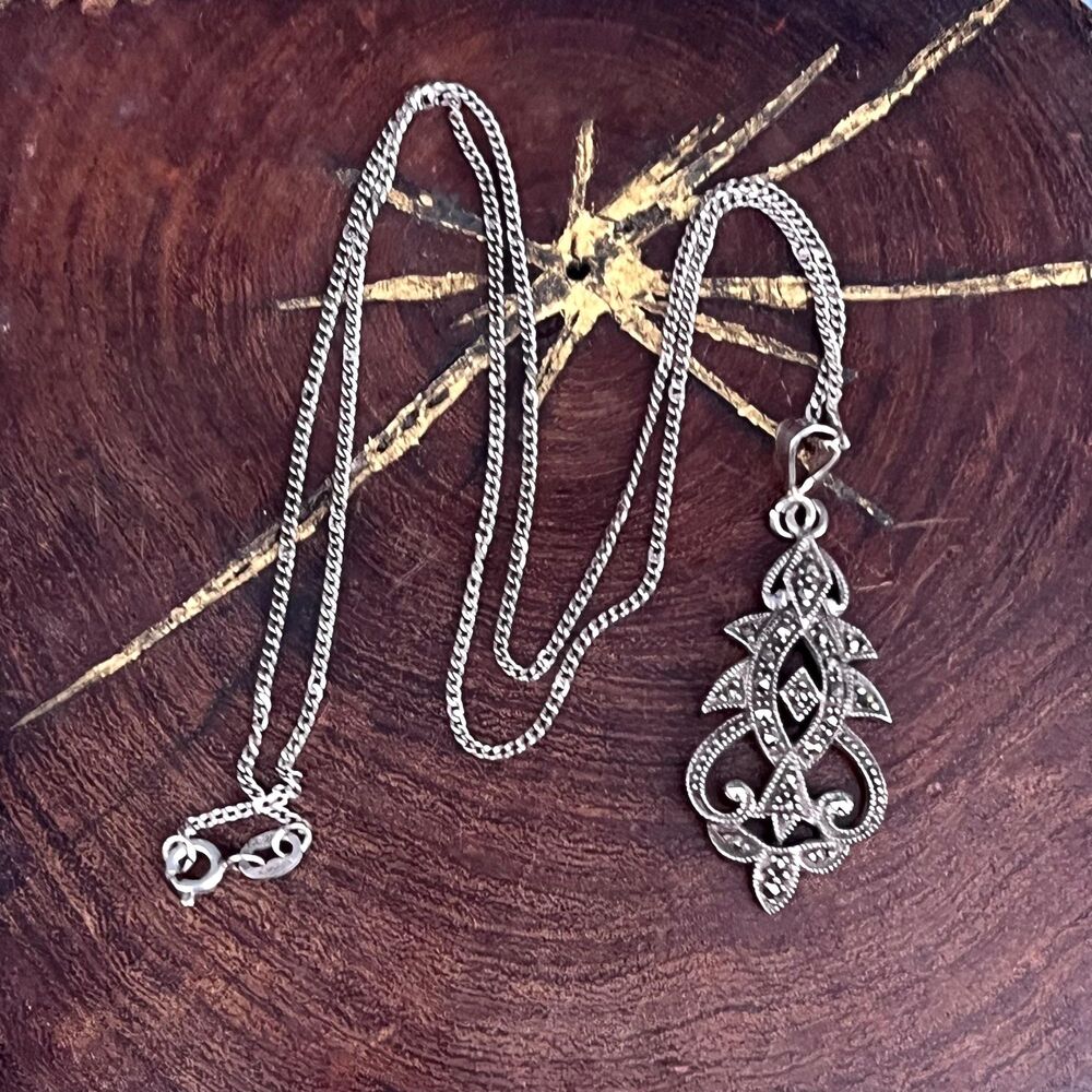 Vintage Marcasite Pendant Necklace in Sterling Silver Womens Jewelry Mexico
